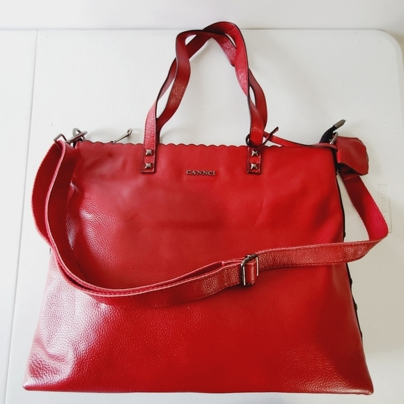Cannci Handbags - Cannci Soft Pebbled Leather Oversized Shoulder Bag Studded Large Red Tote Spring